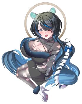1a1acthulhu 1girl animal_ears black_hair black_skirt blue_bow blue_hair blue_nails blush bodystocking bow breasts choker cleavage colored_inner_hair erina_makina fur_trim grey_eyes hair_over_one_eye halo heart heart_choker heart_o-ring high_heels highres large_breasts long_hair mechanical_arms multicolored_hair o-ring open_mouth paw_print phase_connect second-party_source see-through_clothes shoes single_mechanical_arm skirt solo streaked_hair tail tail_bow tail_ornament tiger_ears tiger_girl tiger_tail virtual_youtuber white_shoes