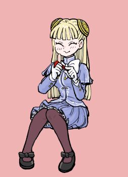 1girl black_shoes blonde_hair blue_jacket blue_skirt blunt_bangs blunt_ends bow bowtie chewing food highres holding holding_food ingrid_(capcom) invisible_chair jacket kangyaku long_hair pantyhose pink_background sausage shoes simple_background sitting skirt solo street_fighter street_fighter_6 white_bow