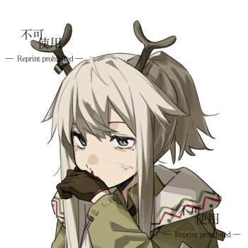 1girl antlers arknights black_gloves blood coat commentary_request firewatch_(arknights) gloves green_coat green_eyes grey_hair hair_between_eyes highres horns long_hair longshengyan looking_at_viewer mole mole_under_eye nosebleed ponytail reindeer_antlers reindeer_girl sidelocks simple_background solo white_background wiping_face