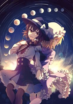 2girls arm_strap back-to-back black_cape black_headwear black_shirt blonde_hair book bow brooch brown_eyes brown_hair brown_legwear buttons cape center_frills commentary_request dawn dise_(psychoro) dress feet_out_of_frame frilled_dress frilled_sleeves frills hair_between_eyes hair_bow hat hat_bow highres holding holding_book holding_hands interlocked_fingers jewelry juliet_sleeves lens_flare long_sleeves maribel_hearn medium_hair mob_cap moon moon_phases multiple_girls necktie night open_mouth pink_legwear pleated_skirt puffy_long_sleeves puffy_sleeves purple_dress purple_eyes red_neckwear scenery shirt short_hair sideways_glance skirt sky smile standing star_(sky) star_(symbol) star_trail thighhighs touhou usami_renko white_bow white_headwear white_shirt zettai_ryouiki