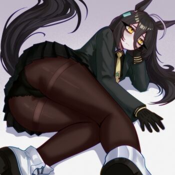 1girl absurdres ahoge animal_ears black_coat black_gloves black_hair black_panties black_pantyhose black_skirt closed_mouth coat collared_shirt ear_tag earrings gloves hair_between_eyes highres horse_ears horse_girl horse_tail jewelry junoelise161 long_bangs long_hair long_hair_between_eyes long_sleeves lying manhattan_cafe_(creeping_black)_(umamusume) manhattan_cafe_(umamusume) multicolored_hair necktie on_side panties pantyhose shirt shoes simple_background single_earring skirt solo tail umamusume underwear very_long_hair white_hair yellow_eyes yellow_necktie