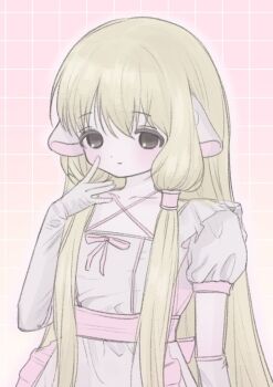 1girl apron arm_at_side arms_up blonde_hair brown_eyes checkered_background chii chobits closed_mouth dress elbow_gloves finger_to_cheek gloves highres humanoid_robot jitome light_smile looking_at_viewer low_twintails persocom pink_apron pink_background puffy_short_sleeves puffy_sleeves robot robot_ears robot_girl short_sleeves sixxxdx solo straight_hair twintails upper_body waist_apron white_dress white_gloves