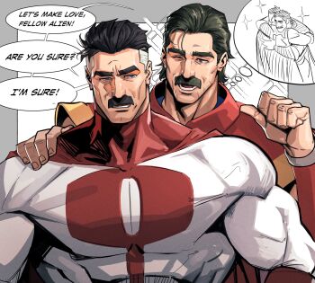 2boys bara black_hair blue_eyes bodysuit border crossover dispatch facial_hair grey_border grey_hair hand_on_another&#039;s_shoulder highres hug invincible_(series) large_pectorals look-alike male_focus mature_male multicolored_bodysuit multicolored_hair multiple_boys muscular muscular_male mustache omni-man outside_border pectorals phenomaman pointing pointing_at_self portrait red_bodysuit short_hair simple_background speech_bubble superhero_costume talking thick_mustache thought_bubble tobo_katsuo two-tone_bodysuit two-tone_hair white_background white_bodysuit yaoi