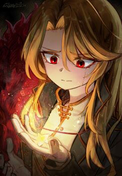 1girl 99dulgi absurdres black_background blonde_hair closed_mouth commentary_request crying dated don_quixote_(project_moon) furrowed_brow gloves highres korean_commentary la_manchaland_(identity)_(project_moon) limbus_company long_hair project_moon red_eyes signature solo star_(symbol) streaming_tears tears upper_body white_gloves