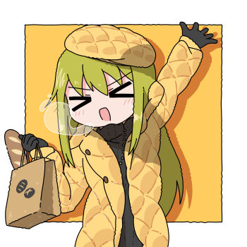 >_< 1girl absurdres arm_up bag black_gloves black_sweater blonde_hair border bread closed_mouth commentary_request emesan_desu food food-themed_clothes gloves hat highres holding holding_bag jacket melon_bread open_clothes open_jacket open_mouth original outside_border solo sweater upper_body white_border yellow_background yellow_hat yellow_jacket