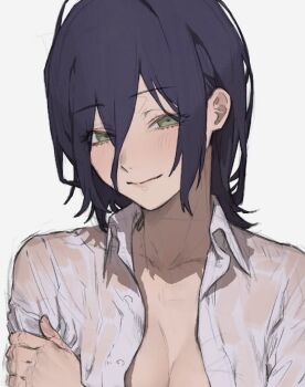 1girl blush breasts chainsaw_man green_eyes grenade_pin hair_between_eyes happy lips medium_hair messy_hair purple_hair reze_(chainsaw_man) shirt simple_background small_breasts smile sooon upper_body wet white_background white_shirt