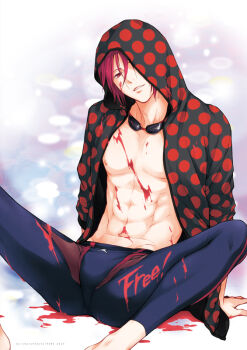 1boy abs bulge commentary_request copyright_name free! goggles goggles_around_neck hood hood_up ink jammers looking_at_viewer male_focus male_swimwear matsuoka_rin nipples pectorals red_eyes red_hair ruru_(ultimatepowers.info.) sitting solo toned toned_male topless_male