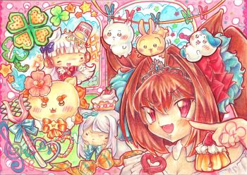 3girls animal_ears chibi chiikawa chiikawa_(character) closed_eyes clothes_pin clothesline cloud cloudy_sky clover daiwa_scarlet_(umamusume) flower four-leaf_clover gold_ship_(umamusume) hachiware_(chiikawa) highres horse_ears horse_girl instant_cup_noodles instant_noodles lennardo_(grim_the_end) mejiro_mcqueen_(umamusume) multiple_girls pink_background polka_dot polka_dot_background red_eyes shisa_(chiikawa) sky star_(symbol) tiara umamusume usagi_(chiikawa) weapon white_hair