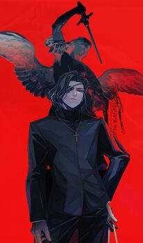 1boy angel_statue arm_up closed_mouth collared_jacket commentary_request contrapposto cross cross_necklace eyepatch fate/strange_fake fate_(series) frown hansa_cervantes holding holding_sword holding_weapon jacket jewelry layered_sleeves long_sleeves looking_at_viewer male_focus medium_hair necklace one_eye_covered pants priest sei_8220 solo standing statue sword wavy_hair weapon