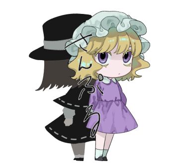 Rule 34 | 2girls, arm behind back, back-to-back, black capelet, black hat, black shoes, blonde hair, brown hair, capelet, chibi, closed mouth, collared dress, commentary, dress, grey slippers, hat, highres, kz m i, long sleeves, maribel hearn, mob cap, multiple girls, purple dress, purple eyes, ribbon-trimmed capelet, ribbon-trimmed skirt, ribbon trim, shirt, shoes, short hair, simple background, sleeve cuffs, slippers, socks, standing, touhou, usami renko, white background, white hat, white shirt, white socks