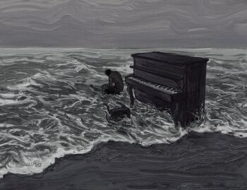 1boy beach caustics curled_up full_body highres horizon instrument male_focus oil_painting_(medium) original outdoors painting_(medium) piano piano_bench revol4357 scenery shore sitting solo surf surreal traditional_media water waves
