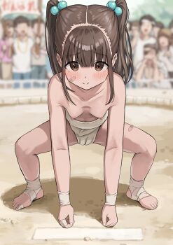 1girl absurdres bandaged_fingers bandages bandaid bandaid_on_face bandaid_on_leg bandaid_on_thigh blurry blurry_background blush breasts brown_eyes brown_hair closed_mouth collarbone crowd feet full_body hair_bobbles hair_ornament hanging_breasts highres legs_apart looking_at_viewer mawashi medium_hair original sidelocks small_breasts smile solo_focus standing straight-on sumo susu_(ysy) thighs toeless_footwear toes twintails wristband
