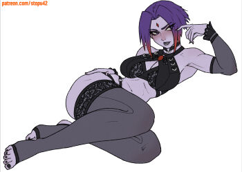 1girl bare_shoulders barefoot black_bra black_choker black_lips black_nails black_panties black_sleeves black_thighhighs blush bra breasts choker cleavage colored_skin dc_comics detached_sleeves eyes_visible_through_hair forehead_jewel full_body gradient_hair hand_on_own_hip hand_up highres lace lace-trimmed_thighhighs lace_trim looking_to_the_side lying medium_breasts multicolored_hair nail_polish nose on_side panties parted_lips patreon_username purple_eyes purple_hair purple_skin raven_(dc) red_hair short_hair simple_background solo stopu teen_titans thighhighs toenail_polish toenails toned toned_female underwear white_background