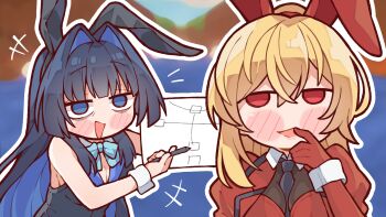 Rule 34 | 2girls, animal ears, black leotard, blonde hair, blue eyes, blue hair, blush, bunny girl (akasaki), colored inner hair, fake animal ears, hair intakes, highres, holding, holding pen, hololive, hololive english, hololive indonesia, jacket, kaela kovalskia, kukie-nyan, leotard, long hair, looking at viewer, medium hair, multicolored hair, multiple girls, ouro kronii, pen, rabbit ears, red eyes, red jacket, red leotard, smile, two-tone hair, very long hair, virtual youtuber, white wrist cuffs, wrist cuffs