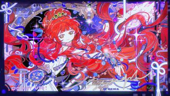 1girl animated animated_gif beads blinking blue_gem blue_ribbon blush closed_mouth cowboy_shot dot_nose dress eyelashes gem green_eyes green_gem hair_ornament image_sample long_hair looking_at_viewer mihuashi_sample original red_hair renzhi00334233 ribbon sample_watermark smile solo star_(symbol) tassel very_long_hair watermark white_dress