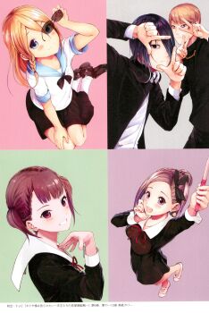 Rule 34 | absurdres, akasaka aka, black jacket, blonde hair, blue eyes, braid, brown eyes, brown hair, chest ribbon, from above, hand on own thigh, hayasaka ai, headphones, headphones around neck, highres, ishigami yuu, jacket, kaguya-sama wa kokurasetai ~tensai-tachi no renai zunousen~, kneeling, koyasu tsubame, loafers, looking at viewer, mary janes, non-web source, official art, open clothes, open jacket, red ribbon, ribbon, sailor collar, school uniform, shijou maki, shirogane miyuki, shoes, short twintails, shuuchiin academy school uniform, smithee a. haysaca, twintails, white sailor collar, white shoes