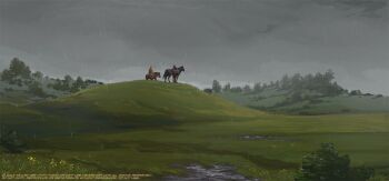 2girls 2others black_hair black_jacket brown_jacket cloud cloudy_sky dated english_text grass greekceltic horse jacket meadow multiple_girls multiple_others orange_hair original rain scenery short_hair signature sky tree