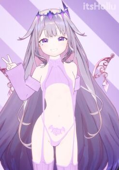 1girl 3d ^_^ alternate_costume animated bare_shoulders blush breasts chest_jewel circlet closed_eyes colored_inner_hair detached_sleeves facing_viewer garter_straps gem grey_hair grin hair_flaps heart heart_tattoo hololive hololive_english itshollu koseki_bijou loli long_hair looking_at_viewer multicolored_hair navel open_mouth panties pubic_tattoo purple_eyes purple_gem purple_hair purple_thighhighs ribbed_thighhighs small_breasts smile solo stomach_tattoo tattoo thighhighs turtleneck underwear v very_long_hair video virgin_destroyer_sweater virtual_youtuber wings