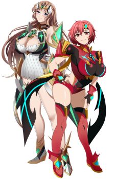 2girls artist_request blonde_hair blue_eyes blush breasts claudia_levantine cleavage cosplay kuroinu_~kedakaki_seijo_wa_hakudaku_ni_somaru~ large_breasts looking_at_viewer maia_(kuroinu) multiple_girls mythra_(xenoblade)_(cosplay) pyra_(xenoblade)_(cosplay) red_eyes red_hair tagme thighhighs xenoblade_chronicles_(series)