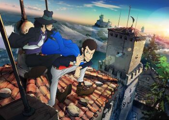 2boys arsene_lupin_iii battlement belt belt_buckle black_eyes black_hair black_hat black_jacket black_pants black_shirt blue_jacket blue_sky brown_hair brown_shoes buckle castle cigarette closed_mouth cloud cloudy_sky commentary_request covered_eyes dress_shoes facial_hair fedora fog from_above hand_hair hat hat_over_eyes holding holding_unworn_jacket holding_unworn_clothes horizon jacket jigen_daisuke key_visual landscape lens_flare long_sleeves lupin_iii lupin_iii_part_4 male_focus medium_sideburns mountain multiple_boys necktie official_art one_eye_closed open_clothes open_jacket outdoors pants promotional_art purple_shirt red_necktie rooftop scenery shirt shoes short_hair sideburns sky smile smoking sun sunlight sunrise tie_clip tile_roof tower tree unworn_jacket watch white_necktie white_pants wide_shot wristwatch