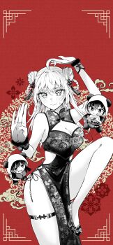 1boy 2girls ahoge alisa_mikhailovna_kujou animal_costume animal_ears animal_hood arm_above_head armpit_crease bare_arms bare_legs bare_shoulders blush bowl breasts bridal_gauntlets chibi chibi_inset china_dress chinese_clothes chopsticks cleavage cleavage_cutout closed_mouth clothing_cutout commentary_request crossed_bangs double_bun dress embarrassed evil_grin evil_smile fake_animal_ears floral_print food foot_out_of_frame gloves greyscale_with_colored_background grin hair_between_eyes hair_bun hair_ornament hair_ribbon half-closed_eyes highres holding holding_chopsticks holding_string hood jewelry knee_up large_breasts long_hair looking_at_viewer kuze_masachika multiple_girls noodles official_art open_mouth outstretched_hand panda_costume panda_hood panties pelvic_curtain ramen red_background ribbon sharp_teeth side-tie_dress side-tie_panties side_cutout side_slit sidelocks simple_background skindentation sleeveless sleeveless_dress slippers small_sweatdrop smile standing string string_panties string_pull suou_yuki sweat swept_bangs tassel tassel_hair_ornament teeth tenacitysaho thighlet thighs tokidoki_bosotto_roshia-go_de_dereru_tonari_no_alya-san tongue tongue_out underwear