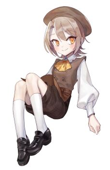 Rule 34 | 1girl, apron, ascot, beret, black shoes, black socks, brown hair, brown hat, brown shorts, brown vest, closed mouth, collared shirt, commentary request, floating, full body, hasumi leia, hat, highres, loafers, long sleeves, looking at viewer, mahou shoujo no majo saiban, official alternate costume, puffy long sleeves, puffy sleeves, shirt, shoes, short hair, shorts, simple background, sitting, smile, socks, solo, suno (imydream), treasure cafe, vest, waist apron, white background, white shirt, yellow ascot, yellow eyes