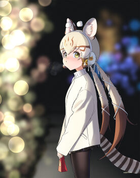Rule 34 | 1girl, animal ears, beleven, cat ears, cat girl, cat tail, extra ears, geoffroy's cat (kemono friends), green eyes, grey hair, hair ornament, highres, jacket, kemono friends, kemono friends v project, long hair, looking at viewer, outdoors, pantyhose, ribbon, skirt, solo, tail, virtual youtuber, white jacket, white ribbon, yellow ribbon