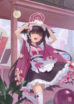 1girl :d absurdres apron artist_logo bell belt blue_archive bow brown_hair closed_eyes day feilingdong floral_print floral_print_kimono foot_up frilled_apron frilled_kimono frilled_skirt frilled_thighhighs frills hair_bell hair_bow hair_ornament halo happy heart_arms highres japanese_clothes kanzashi kimono kimono_skirt legwear_bell light_blush logo long_hair maid maid_headdress okobo open_mouth outdoors pink_bow pink_halo pink_ribbon pink_skirt platform_sandals print_kimono ribbon sandals shizuko_(blue_archive) skirt smile standing thighhighs two_side_up vending_cart wa_maid waist_apron wall_lamp white_apron white_thighhighs wrist_ribbon