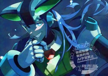1boy armor blue_armor blue_background blue_eyes blue_hair chest_jewel dynamo_(mega_man) kuwagata_mura long_hair male_focus mega_man_(series) mega_man_x_(series) parted_lips simple_background smile solo upper_body watermark