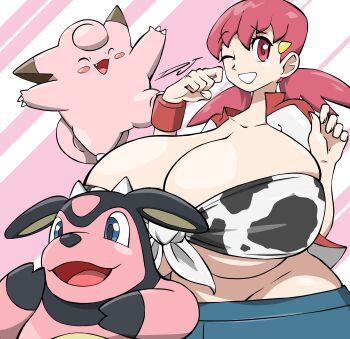 1girl absurdres animal_print artist_request breasts clefairy cow_print gen_1_pokemon gen_2_pokemon gigantic_breasts grin gym_leader hair_ornament hairpin highres matching_hair/eyes miltank nintendo one_eye_closed open_clothes open_shirt pink_eyes pink_hair pokemon pokemon_hgss skindentation smile teeth twintails whitney_(pokemon) wide_hips wink wristband