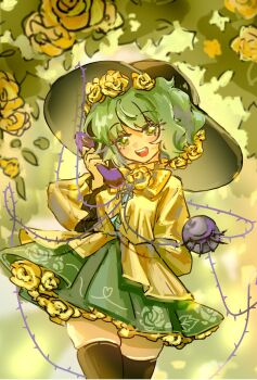 Rule 34 | 1girl, arm behind back, black hat, black thighhighs, blouse, bow, bowtie, buttons, commentary, cowboy shot, diamond button, floral print, floral print skirt, flower, flower underskirt, frilled sleeves, frills, green eyes, green hair, green skirt, hair flower, hair ornament, hand up, hat, hat flower, head tilt, highres, holding, holding phone, koishi day, komeiji koishi, leaf, looking at viewer, open mouth, phone, print skirt, rose, rose print, shirt, short hair, shouxishao jiuyuan, skindentation, skirt, solo, standing, teeth, thighhighs, thorns, touhou, upper teeth only, yellow bow, yellow bowtie, yellow flower, yellow rose, yellow shirt