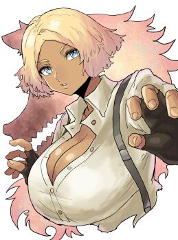 1girl absurdres belt blonde_hair blue_eyes breasts brown_gloves chikoinochi cleavage dark-skinned_female dark_skin fingerless_gloves giovanna_(guilty_gear) gloves gold_belt gradient_hair guilty_gear guilty_gear_strive high-waist_pants highres large_breasts lips looking_at_viewer multicolored_hair multiple_belts official_alternate_color official_alternate_hair_color pants partially_unbuttoned pink_fur pink_hair police_badge rei_(guilty_gear) shirt short_hair simple_background sleeves_pushed_up suspenders suspenders_hanging white_shirt wolf