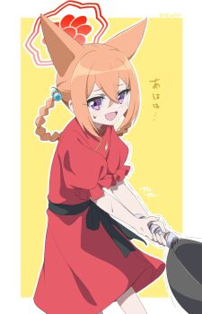 1girl :d animal_ears blue_archive blush border braid braided_hair_rings china_dress chinese_clothes commentary cowboy_shot crossed_bangs double-parted_bangs dress extra_ears fang fox_ears fox_girl frilled_sleeves frills furrowed_brow hair_between_eyes hair_rings halo highres holding looking_at_viewer minowa_sukyaru official_alternate_costume official_alternate_hairstyle open_mouth orange_hair outline outside_border puffy_short_sleeves puffy_sleeves purple_eyes red_dress red_halo rumi_(blue_archive) rumi_(small)_(blue_archive) short_sleeves sidelocks simple_background skin_fang smile solo sound_effects sweatdrop translated trembling v_arms white_border white_outline wok yellow_background