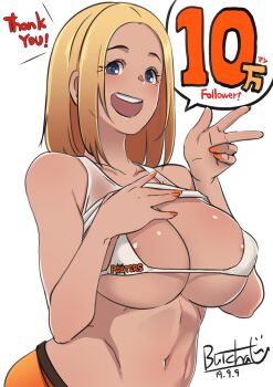 1girl 2019 artist_name bare_arms bare_shoulders bikini blonde_hair brand_name_imitation breasts butcha-u cleavage dated delightfully_fuckable_and_unrefined!! engrish facing_viewer female_focus highres hooters large_breasts looking_at_viewer mari_(delightfully_fuckable_and_unrefined!!) micro_bikini midriff milestone_celebration nail_polish orange_nails parted_bangs ranguage shirt sleeveless sleeveless_shirt smile solo speech_bubble swimsuit thank_you underboob upper_body