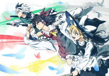 3girls apron ascot bird black_bow black_bowtie black_hairband black_hat black_skirt black_vest blonde_hair bow bowtie braid broom broom_riding bug butterfly closed_mouth collarbone collared_shirt commentary_request detached_sleeves frilled_bow frilled_hair_tubes frills green_skirt green_vest grey_hair hair_bow hair_tubes hairband hakurei_reimu hand_on_headwear hat hat_bow hitodama holding holding_sword holding_weapon insect inuno_rakugaki katana kirisame_marisa konpaku_youmu konpaku_youmu_(ghost) long_hair long_sleeves multiple_girls open_mouth red_bow red_skirt ribbon-trimmed_sleeves ribbon_trim sheath shirt side_braid single_braid skirt skirt_set smile sword teeth touhou unsheathing vest weapon white_apron white_bow white_shirt witch_hat yellow_ascot yellow_eyes