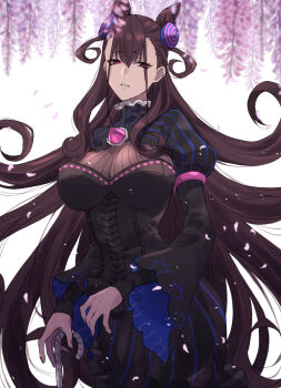 1girl breasts brown_hair cane commentary_request cone_hair_bun cowboy_shot double_bun empty_eyes falling_petals fate/grand_order fate_(series) hair_between_eyes hair_bun highres juliet_sleeves large_breasts long_hair long_sleeves murasaki_shikibu_(fate) petals puff_and_slash_sleeves puffy_sleeves red_eyes see-through_cleavage see-through_clothes solo tofu_(bean359) turtleneck two_side_up very_long_hair