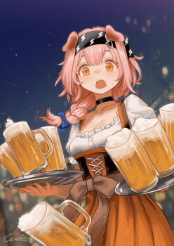 1girl absurdres alcohol alternate_costume animal_ears arknights beer beer_mug blue_bow bow braid breasts cat_ears cat_girl commentary cup dirndl german_clothes goldenglow_(arknights) highres holding long_hair medium_breasts mug oktoberfest open_mouth pink_hair solo welt_(kinsei_koutenkyoku)