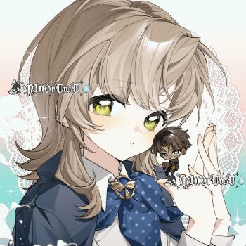 Rule 34 | 1boy, 1girl, :<, animated, animated gif, aqua background, artist request, black hair, black jacket, black pants, blinking, blue cape, blue eyes, blue neckerchief, brother and sister, brother and step-sister, brown hair, cape, chibi, chibi inset, collared shirt, commission, gradient background, green eyes, grin, hands up, highres, holding, holding mini person, j (reverse:1999), jacket, looking at viewer, looping animation, medium hair, mini person, miniboy, neckerchief, own hands together, pants, paulina (reverse:1999), pink background, pixel text, polka dot neckerchief, raised eyebrow, reverse:1999, second-party source, shirt, siblings, smile, solo focus, step-brother and step-sister, step-siblings, stuffed animal, stuffed toy, teddy bear, two-tone background, watermark, white shirt