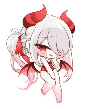 1girl absurdres blush_stickers braid breasts character_request chibi chibi_only copyright_request demon_girl demon_horns demon_wings earrings full_body grey_hair hair_over_one_eye hand_on_own_cheek hand_on_own_face highres horns jewelry leotard long_hair looking_at_viewer one_eye_covered open_mouth parted_bangs pprcno red_eyes red_leotard simple_background skull_earrings small_breasts smile solo strapless strapless_leotard swept_bangs white_background wings