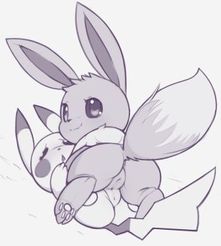2girls :&lt; animal_focus animal_sexualization anus ass cleft_of_venus closed_mouth eevee fang female_focus from_behind full_body gen_1_pokemon grey_background greyscale happy kekitopu looking_at_viewer looking_back lying monochrome multiple_girls nervous nintendo no_humans on_back on_stomach open_mouth pikachu pokemon pokemon_(creature) pussy pussy_sandwich raised_eyebrows simple_background sketch skin_fang smile uncensored yuri