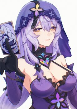 1girl bare_shoulders black_collar black_gloves black_swan_(honkai:_star_rail) breasts card cleavage collar commentary detached_sleeves dress gloves hal_aluha highres holding holding_card honkai:_star_rail honkai_(series) long_hair looking_at_viewer no_pupils purple_dress purple_hair purple_veil simple_background sleeveless sleeveless_dress smile solo upper_body veil white_background yellow_eyes