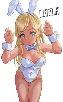 Rule 34 | 1girl, animal ear hairband, animal ears, aqua eyes, bare legs, blonde hair, bow, bowtie, character name, commentary request, dark-skinned female, dark skin, detached collar, fake animal ears, feet out of frame, hairband, idolmaster, idolmaster cinderella girls, layla (idolmaster), leotard, playboy bunny, rabbit ears, rabbit pose, simple background, solo, strapless, strapless leotard, uenosuke (uenosukeno), white background, white bow, white bowtie, white leotard, wrist cuffs