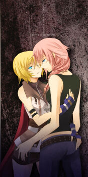 2girls aya_brea aya_brea_(cosplay) bare_shoulders belt blonde_hair blue_eyes cape cosplay costume_switch crossover denim dissidia_012_final_fantasy dissidia_final_fantasy female_focus final_fantasy final_fantasy_xiii fingerless_gloves gloves highres jeans lightning_farron lightning_farron_(cosplay) long_hair looking_back meru miniskirt multiple_girls one_eye_closed pants parasite_eve_(series) parasite_eve_the_3rd_birthday pink_hair sakamoto_maaya voice_actor_connection short_hair skirt wink yuri