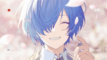 Rule 34 | 1boy, arm up, battery indicator, black jacket, blue hair, blush, cherry blossoms, closed eyes, collared shirt, commentary, gekkoukan high school uniform, grin, hair over one eye, headphones, holding, jacket, male focus, one eye covered, parted bangs, persona, persona 3, petals, school uniform, shirt, smile, solo, untranslatable commentary, viewfinder, watermark, white shirt, wing collar, yuuki makoto (persona 3), zeka (skzk cm)