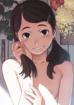 breasts brown_eyes brown_hair flat_chest hair_ornament hairclip highres loli nude smile takamichi twintails