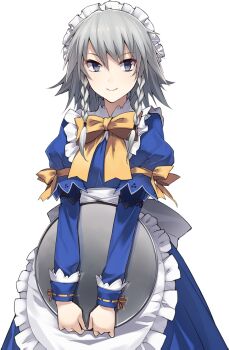 1girl apron artist_request back_bow blue_dress blue_eyes bow bowtie braid closed_mouth dress game_cg grey_hair hair_bow holding holding_tray izayoi_sakuya labyrinth_of_touhou_(series) labyrinth_of_touhou_2 long_hair long_sleeves looking_at_viewer maid maid_headdress official_art sleeve_bow smile solo third-party_source touhou transparent_background tray twin_braids waist_apron white_apron white_bow yellow_bow yellow_bowtie