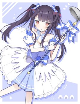 1girl absurdres black_hair blue_archive blush bow breasts demon_horns dress food fuuka_(blue_archive) highres holding horns long_hair looking_at_viewer magical_girl mosae red_eyes solo twintails