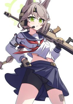 1girl absurdres ahoge animal_ears anti-materiel_rifle bandaid bandaid_on_leg barrett_m82 bike_shorts black_shorts blue_archive blue_sailor_collar blue_skirt blush braid brown_gloves brown_hair closed_mouth commentary_request cowboy_shot fox_ears fox_girl gloves green_eyes gun halo hand_on_own_hip headset highres holding holding_gun holding_weapon long_hair long_sleeves looking_at_viewer midriff_peek navel neckerchief otogi_(blue_archive) red_neckerchief rifle sailor_collar shirt shorts simple_background skirt sniper_rifle solo standing swept_bangs v-shaped_eyebrows very_long_hair waterappliance weapon white_background white_shirt wind wind_lift