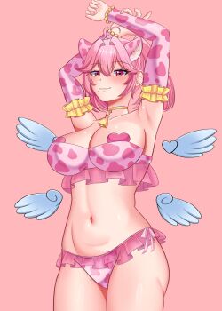 1girl ahoge angel animal_ears animal_print arms_up ashliel_ailove bell bikini breasts choker commission cow_print cupid detached_sleeves detached_wings facial_mark fake_animal_ears frills gradient_eyes heart heart-shaped_mole heart-shaped_pupils heart_ahoge heart_facial_mark heart_pasties highres jewelry large_breasts mole mole_under_mouth multicolored_eyes neck_bell nogatore pasties pink_background pink_bikini pink_frills pink_hair print_bikini short_twintails solo swimsuit symbol-shaped_pupils twintails vir2alverse virtual_youtuber wide_hips wings