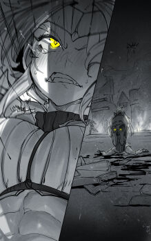 1girl absurdres aged_down blood clenched_teeth crushed death destruction falling fire flashback highres huge_filesize long_hair midriff monster monster_hunter_(series) niwarhythm ponytail remembering smoke spot_color tearing_up tears teeth yellow_eyes zinogre_(armor)